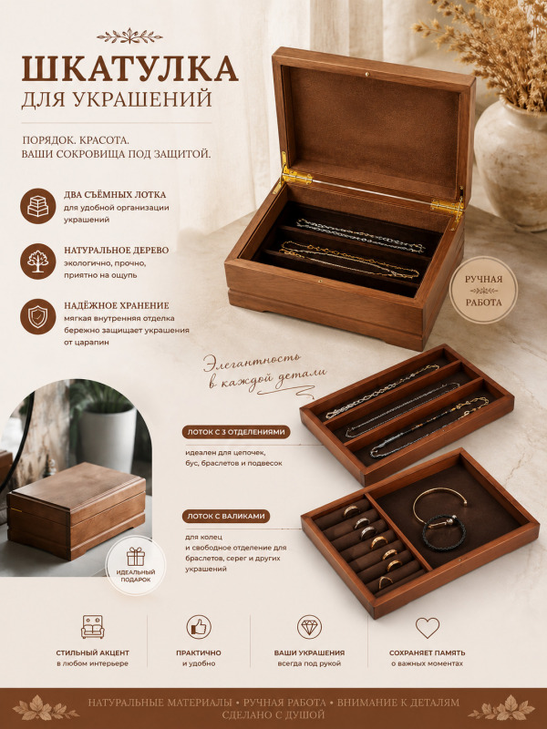 Шкатулка для украшений с лотками для хранения шоколад (2+3)