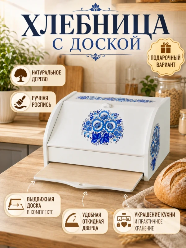 Хлебница деревянная с доской белая