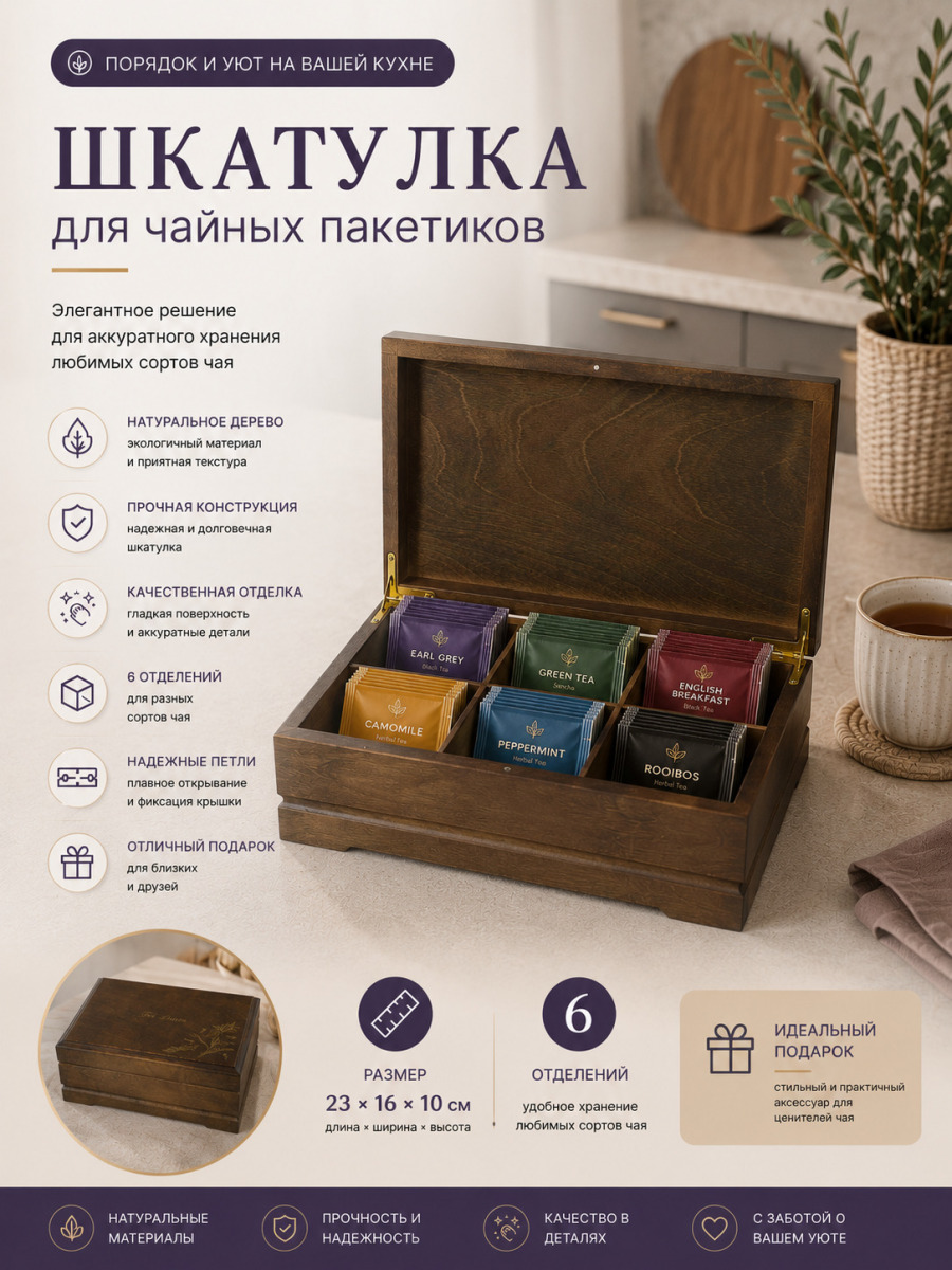 Шкатулка для чая, 6 ячеек, коричневая, дерево