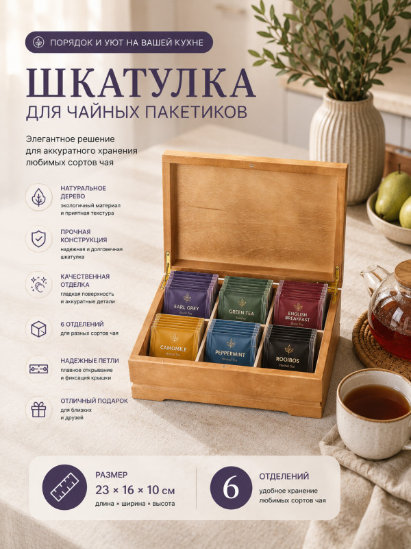 Шкатулка для чая, 6 ячеек, светло-коричневая, дерево