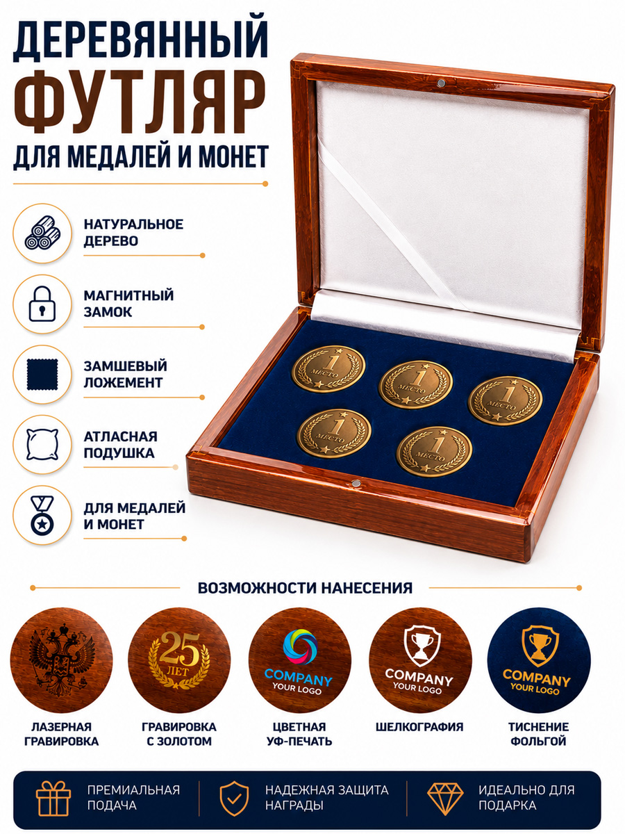 Деревянный футляр на пять медалей или монет