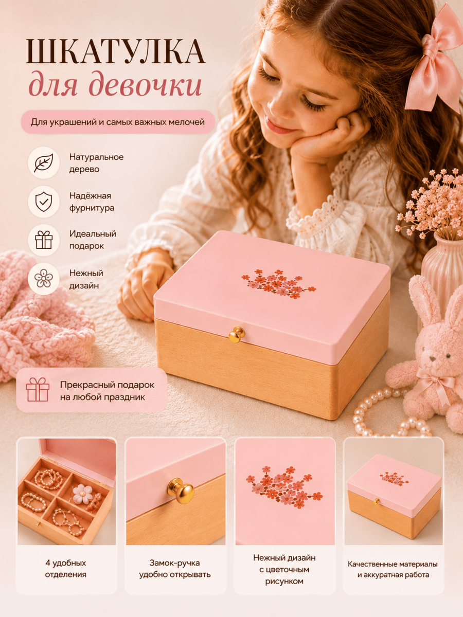 Шкатулка для девочки из дерева с рисунком "Корона"