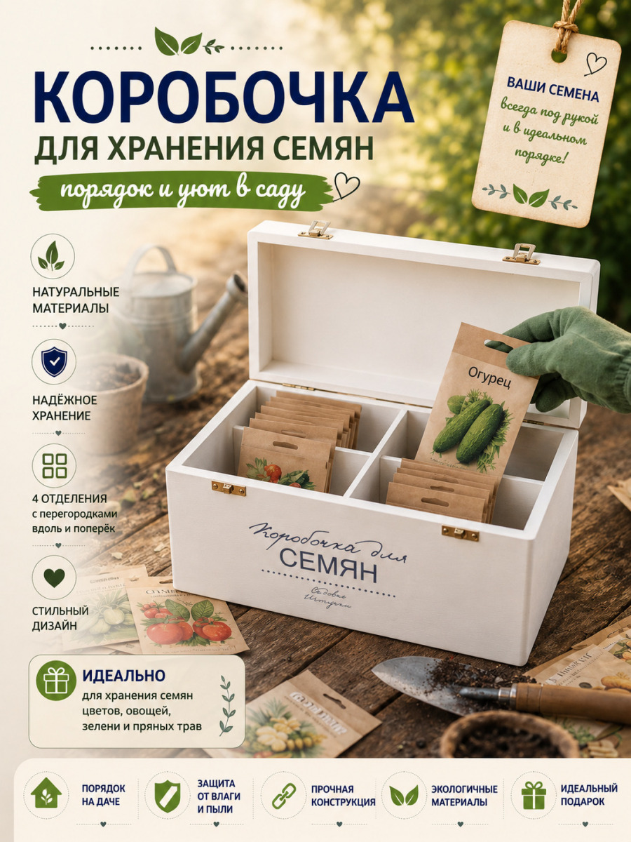 Деревянная коробка для семян, 4 отделения, светло-серая
